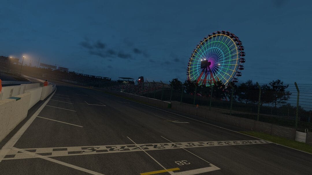 Nighttime view of the Suzuka Circuit in Assetto Corsa EVO