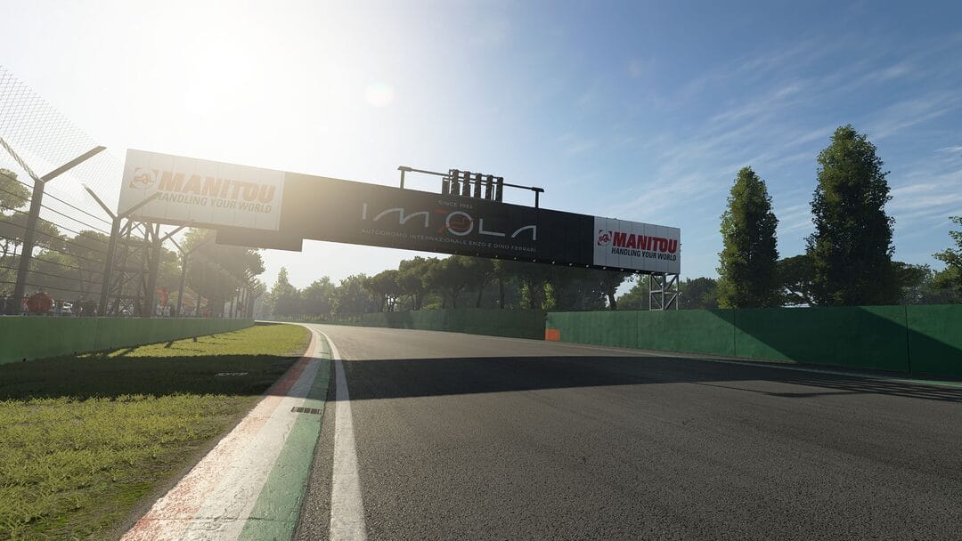 A detailed in-game shot of the Imola Autodromo Internazionale Enzo e Dino Ferrari in Assetto Corsa EVO