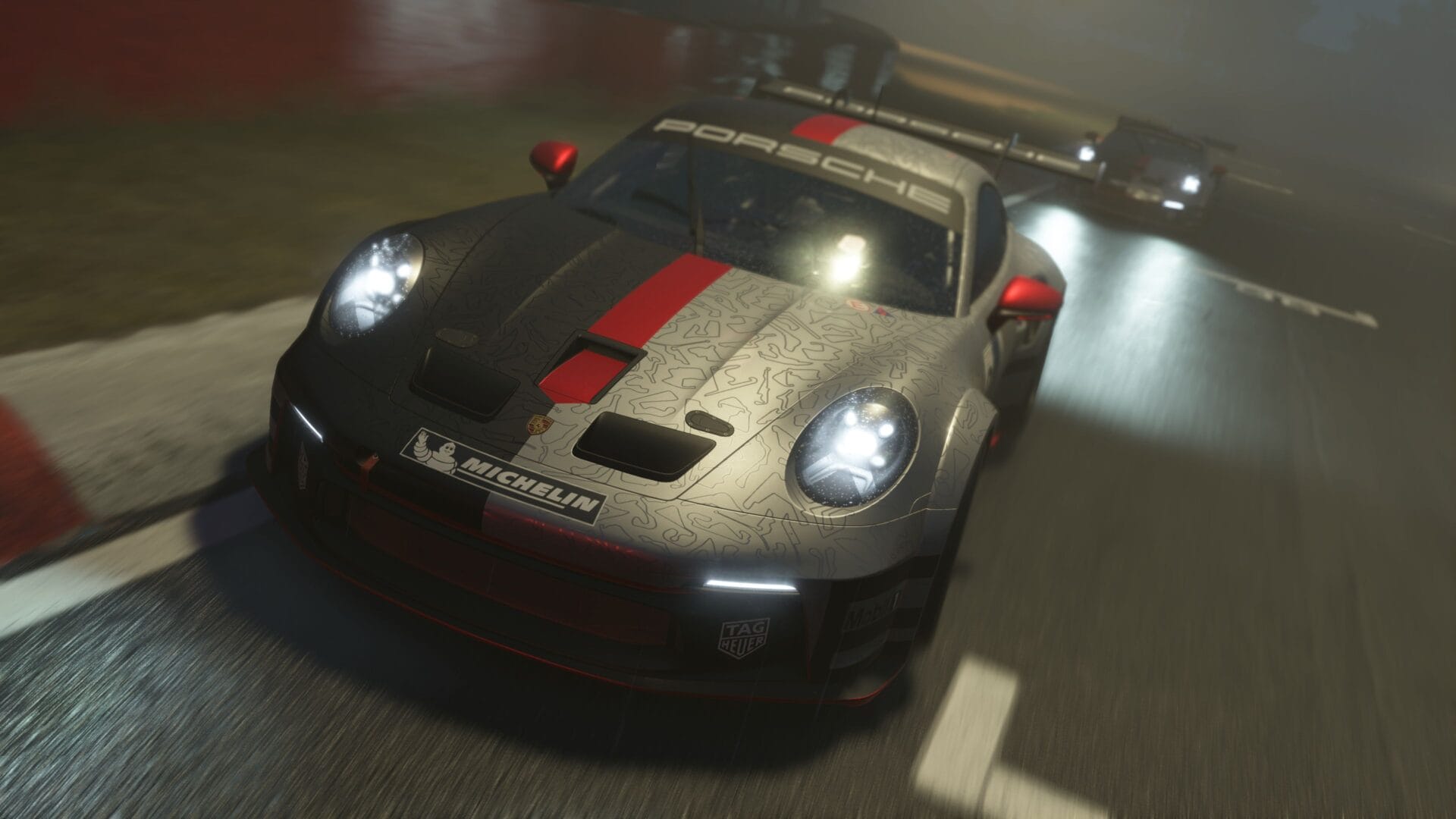 Quick race with a Porsche in Assetto Corsa EVO during a rainy event, highlighting the raindrops on the headlights, showcasing the game's exceptional attention to detail and realistic weather effects.