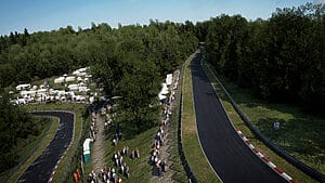 Panoramic shot capturing the vast expanse of the Nürburgring 24h track in Assetto Corsa Competizione.