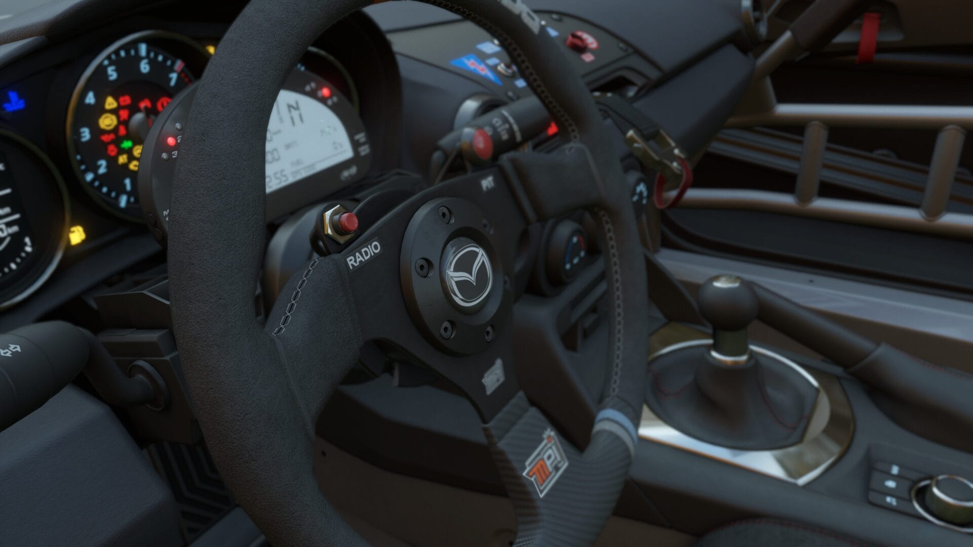 Interior view of the Mazda in Assetto Corsa EVO, featuring meticulously crafted details of the dashboard, steering wheel, and controls, reflecting the game's commitment to realism and immersive driving experiences