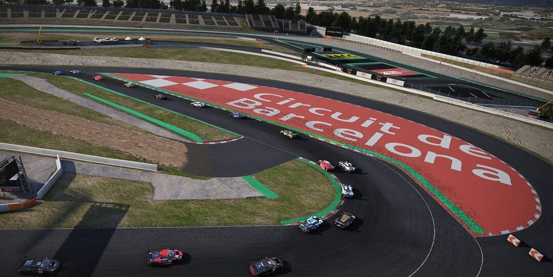 Aerial View of Assetto Corsa Competizione Racing at Barcelona Circuit