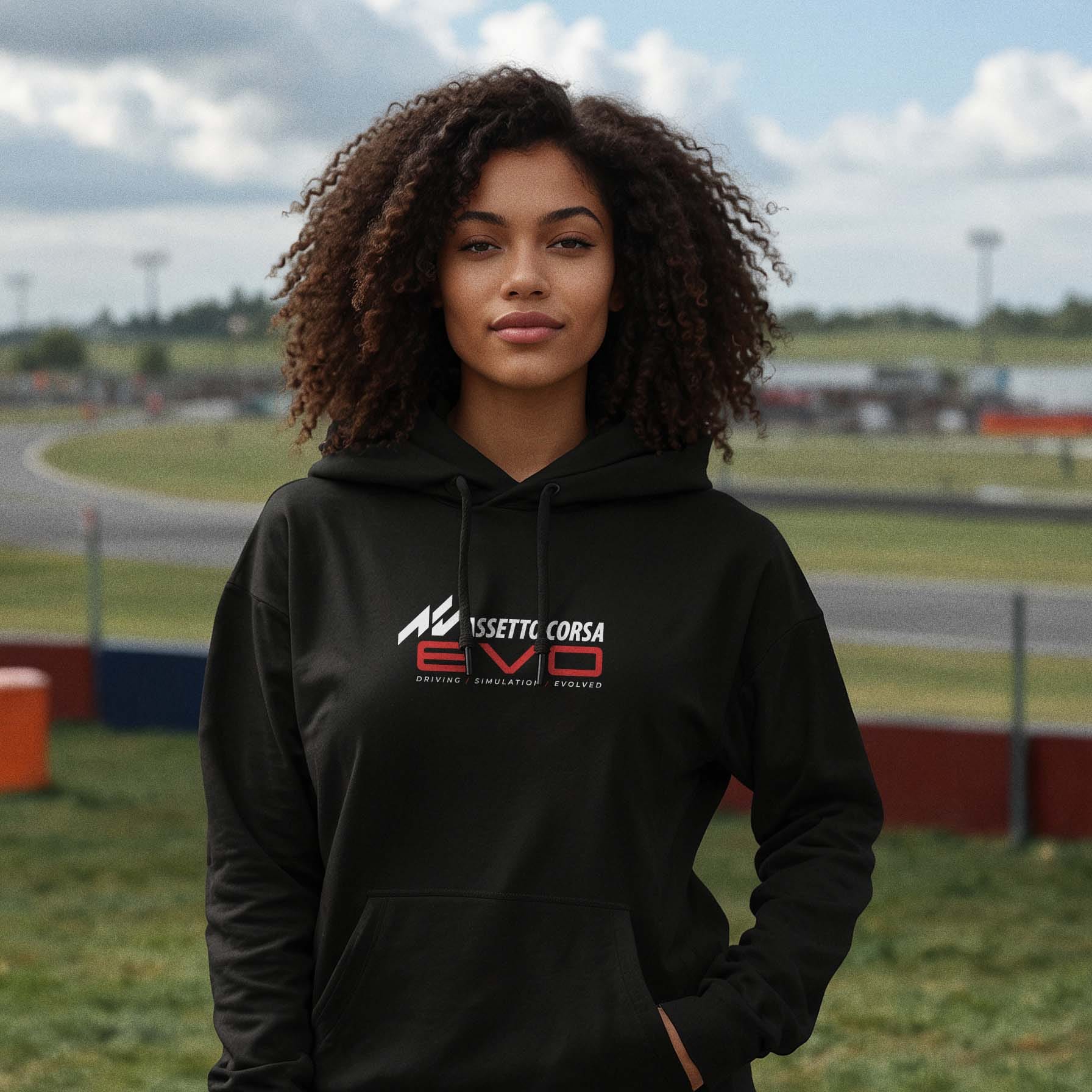 Assetto Corsa EVO Hoodie – black hoodie with the Assetto Corsa logo on the front, featuring a modern and stylish design, available on the official Assetto Corsa online shop