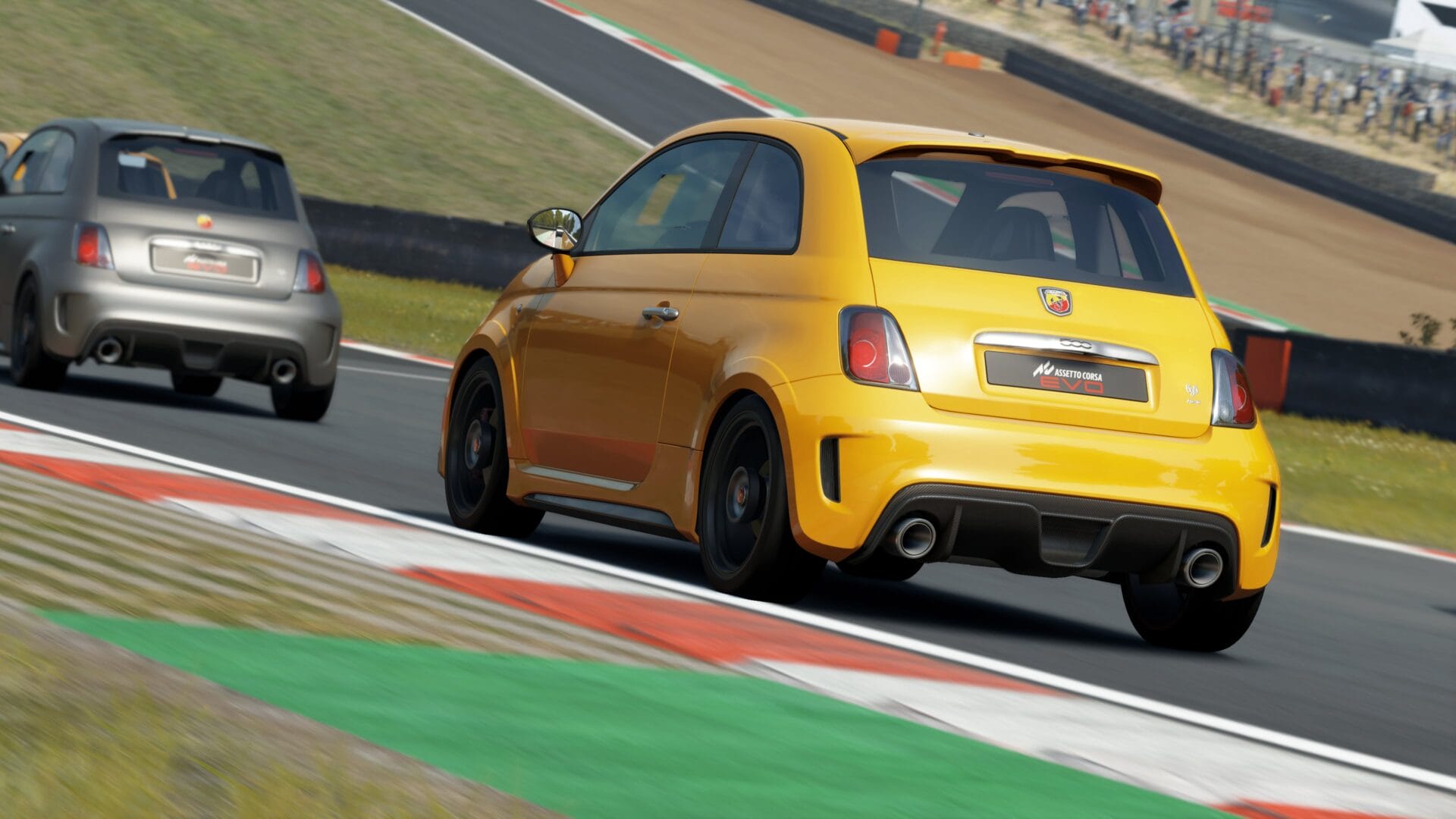 a yellow Abarth during a race in Assetto Corsa EVO