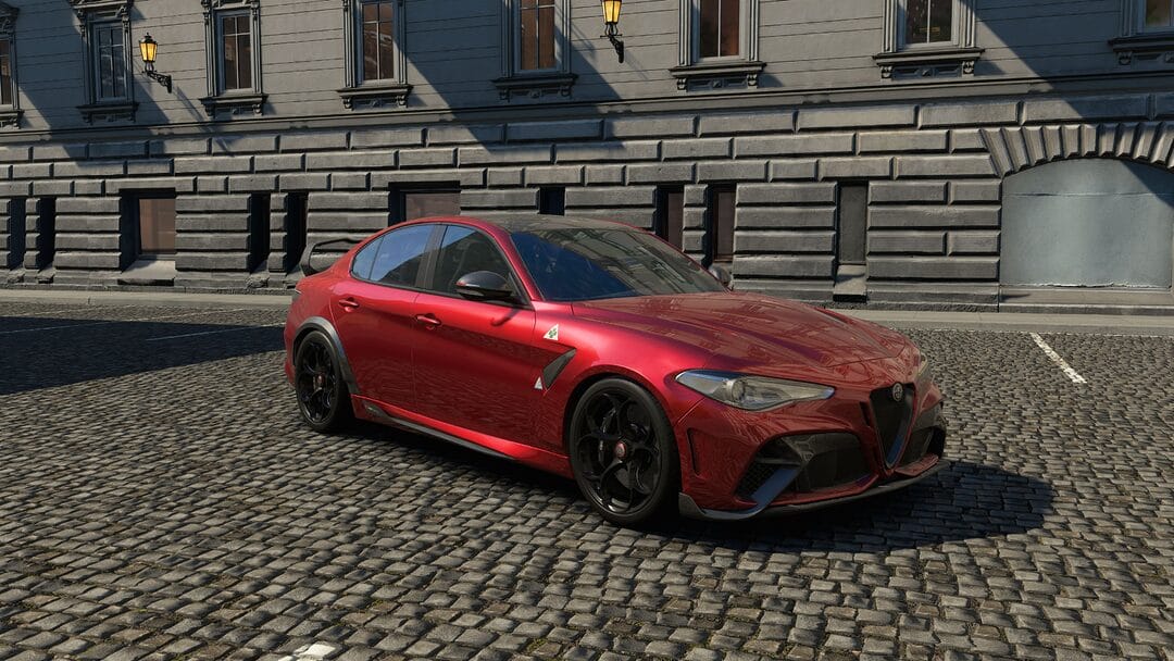 Alfa Romeo Giulia GTAm 2021 parked in a sunlit cityscape with urban buildings in the background on simulation driving acevo