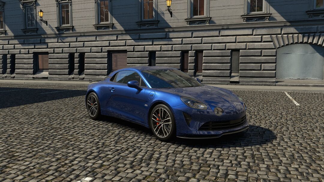 blue Alpine A110 S with Aero Pack 2020 parked on a virtual city environment in acevo