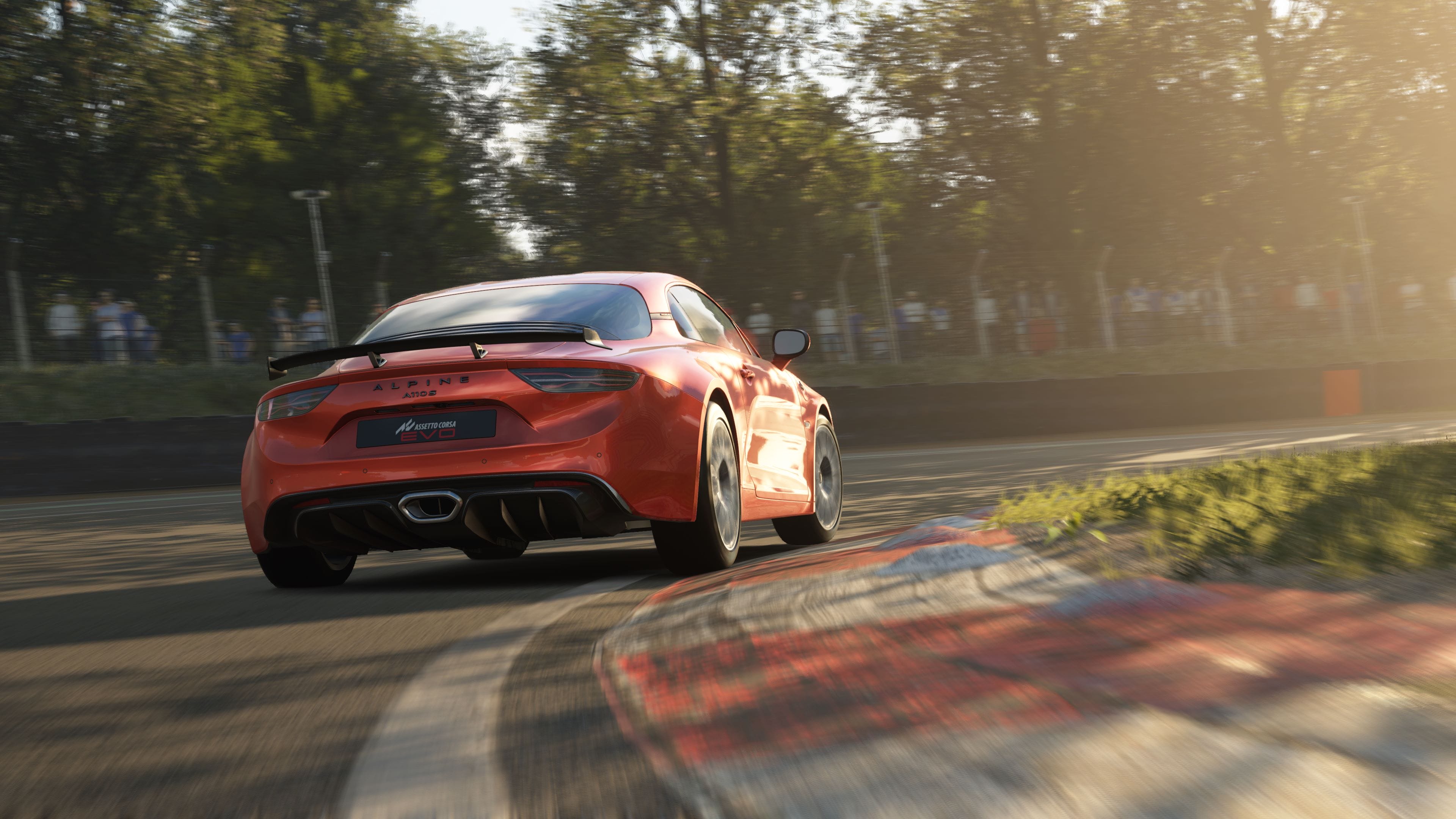 Red Alpine A110 S in Assetto Corsa EVO, performing a high-speed corner on a track with realistic reflections in Quick Race mode