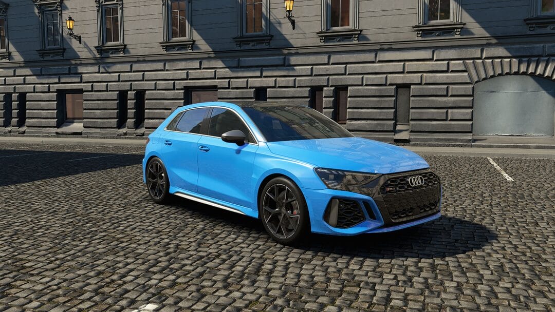 Audi RS 3 Sportback 2022 parked on a sunlit city architecture in acevo