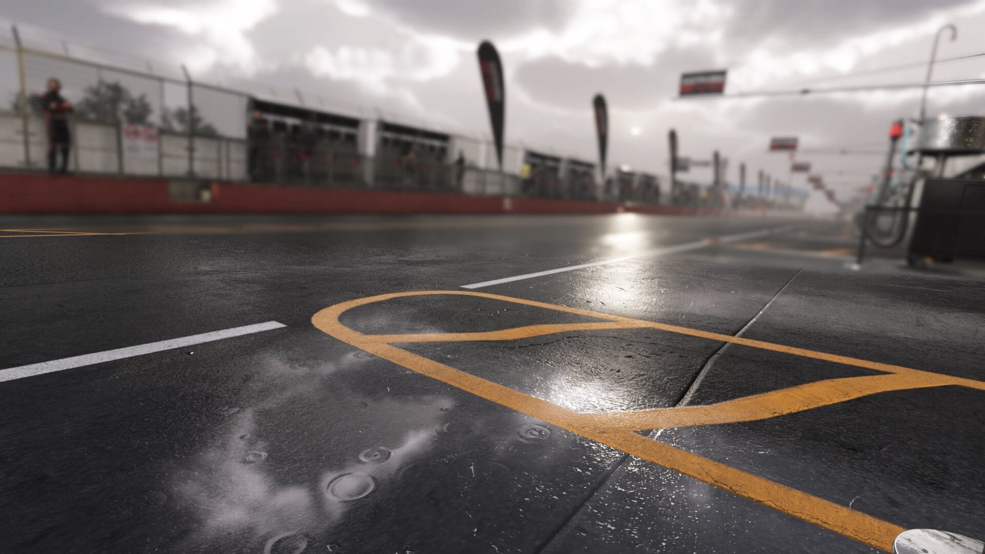 Close-up of raindrops and reflections on the wet surface of Donington Park, captured in Assetto Corsa EVO’s dynamic environment.