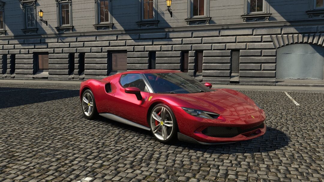 Ferrari 296 GTB 2021 o urban evironment on simulator assetto corsa evo