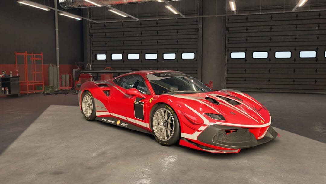 Ferrari 488 Challenge Evo 2021 displayed in a well-lit garage next to a racetrack in AC EVO video game, with its aerodynamic features highlighted.