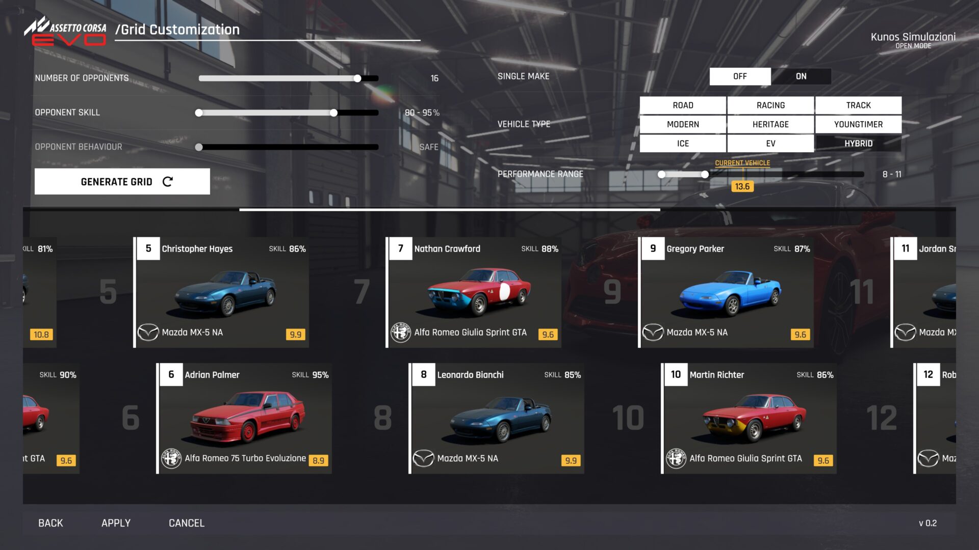 Interfaz en el juego de Assetto Corsa Evo Release 0.2, con herramientas de personalización de la red AI con ranuras de automóvil ajustables, oponentes y configuraciones de carrera.