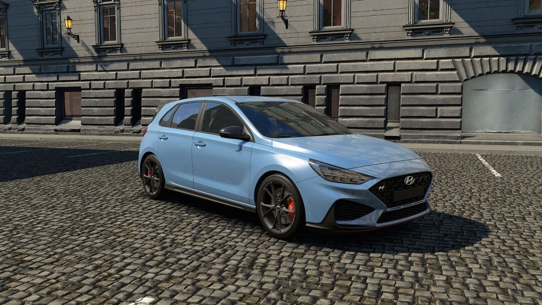 Hyundai i30 N Hatchback 2021 with facelift, manual+DCT, stationary on a bright urban setting in sim racing ac evo