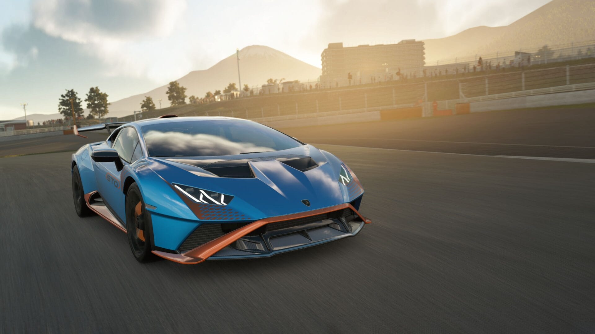 El exterior del Lamborghini Huracán Sto en Assetto Corsa Evo Update 0.1.6, que muestra su diseño aerodinámico agresivo con líneas afiladas, un gran alerón trasero y detalles de fibra de carbono, que incorpora la combinación perfecta de la estética inspirada en la carrera y el rendimiento listo para el camino