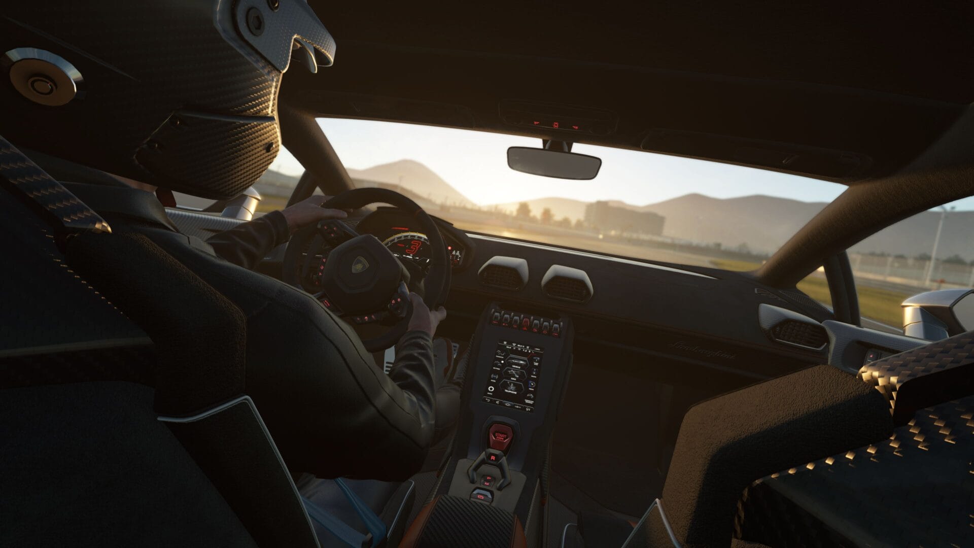 El interior del Lamborghini Huracán Sto en Assetto Corsa Evo Update 0.1.6, con materiales de peso ultraligero, asientos de cubos de carreras, un tablero digital y un diseño elegante y centrado en el conductor para una experiencia auténtica de alto rendimiento.