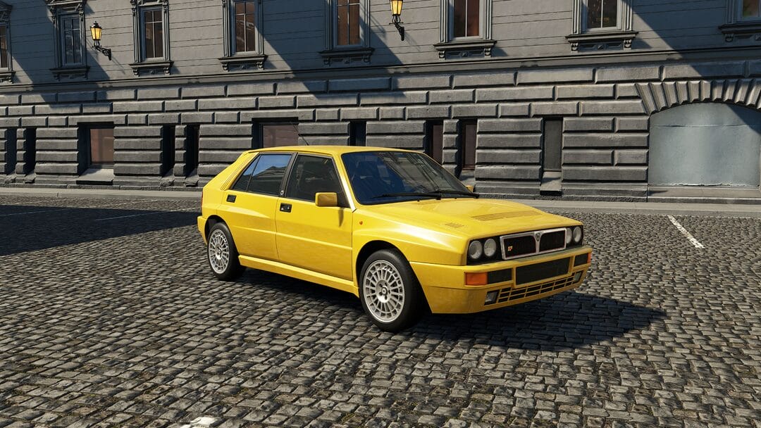 Lancia Delta HF Integrale Evoluzione 2 in the iconic Giallo Ginestra, stationary in an urban setting, featured in the first content drop.