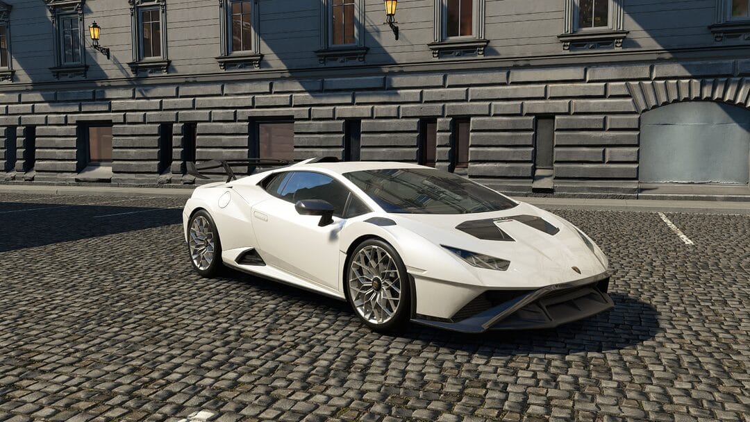 Lamborghini Huracan 2021 in white, stationary in an urban setting, featured in the first content drop of AC EVO