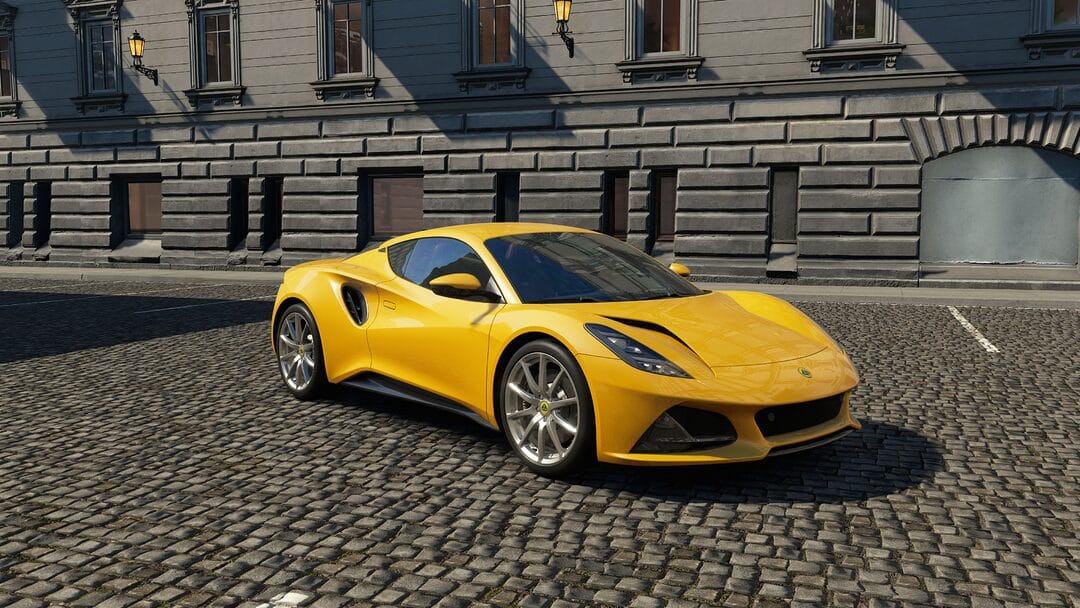 Lotus Emira First Edition 2021, V6, parked in daylight, with grey urban buildings on ac evo