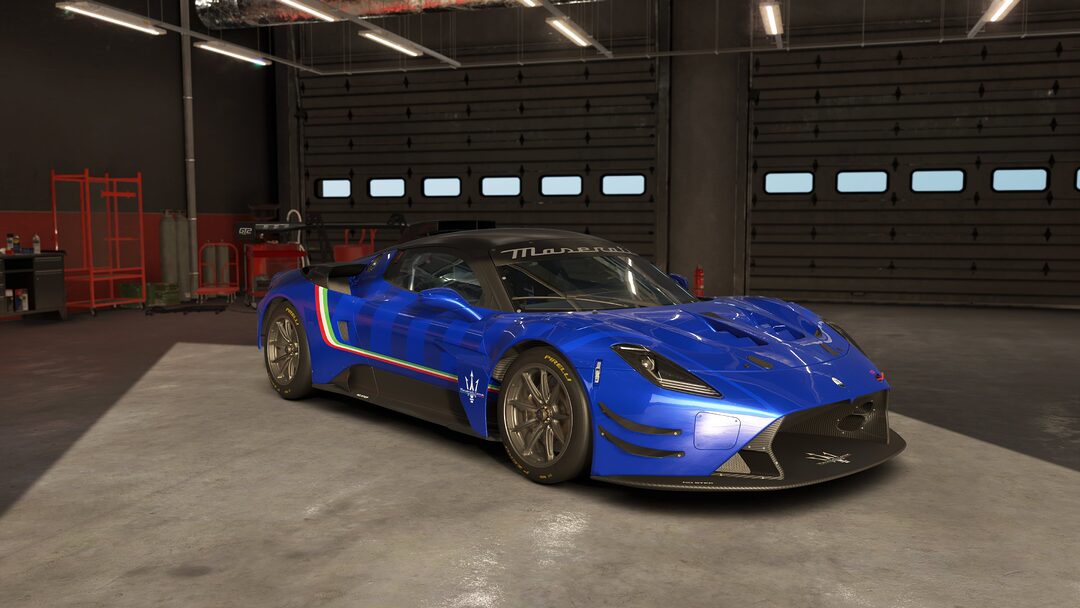 The 2023 Maserati GT2 in metallic blue, parked in a pit garage in Assetto Corsa EVO – newly available in the 0.2 Early Access update. A track-focused machine that fuses Italian elegance with cutting-edge racing performance.