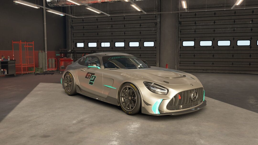 Mercedes-Benz AMG GT2 2023 race car parked in a trackside garage, ready for the track, within the Assetto Corsa EVO environment.