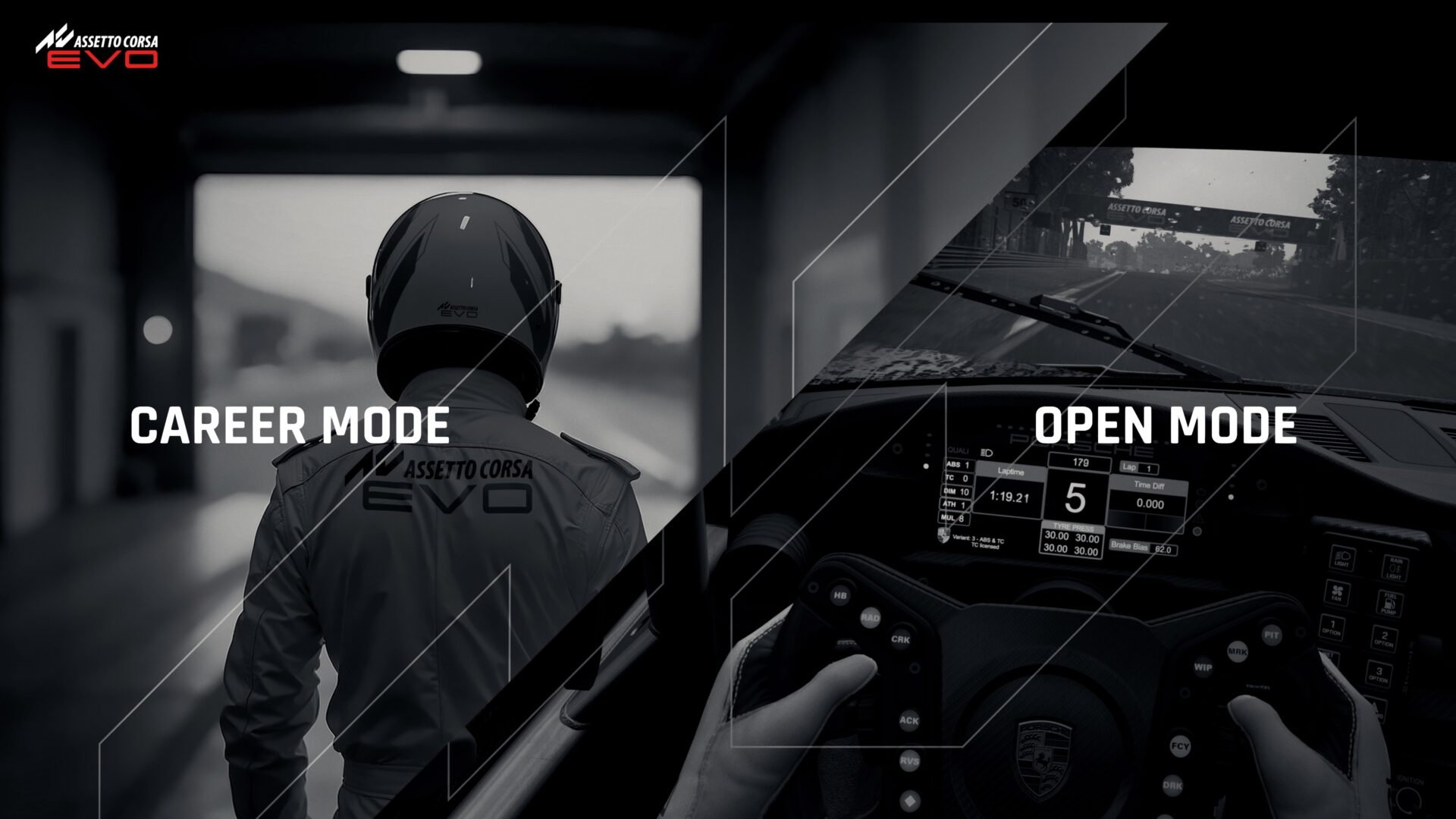Pantalla de menú principal de Assetto Corsa Evo Release 0.2, que muestra acceso a Open World Free Roam y Opciones de modo de carrera estructurado