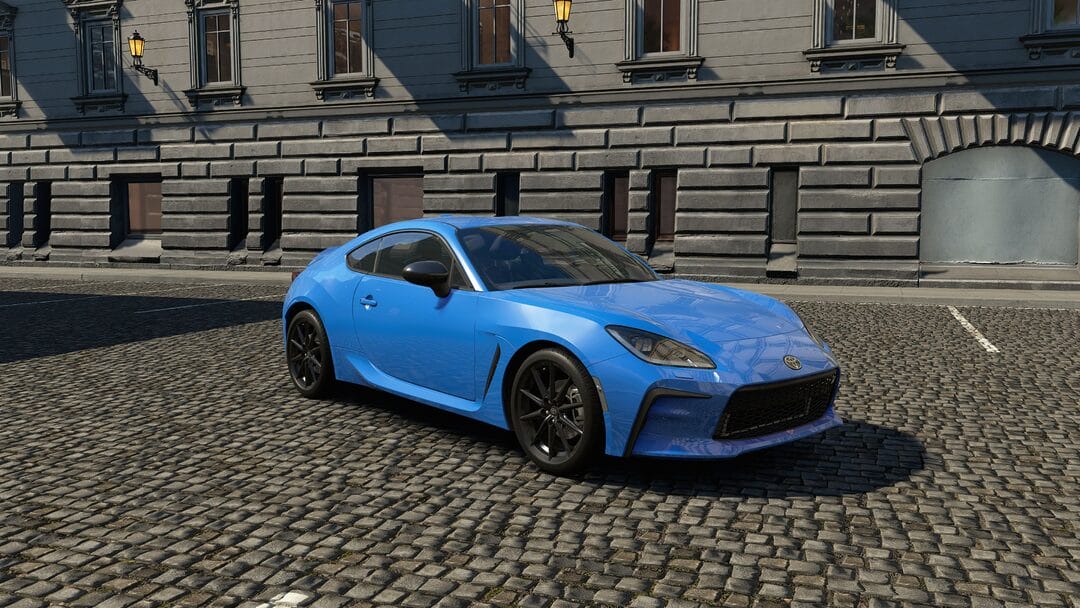 Blue Toyota GR86 2024 parked on a cobblestone street in a sunlit city, with the surrounding buildings in view on AC EVO