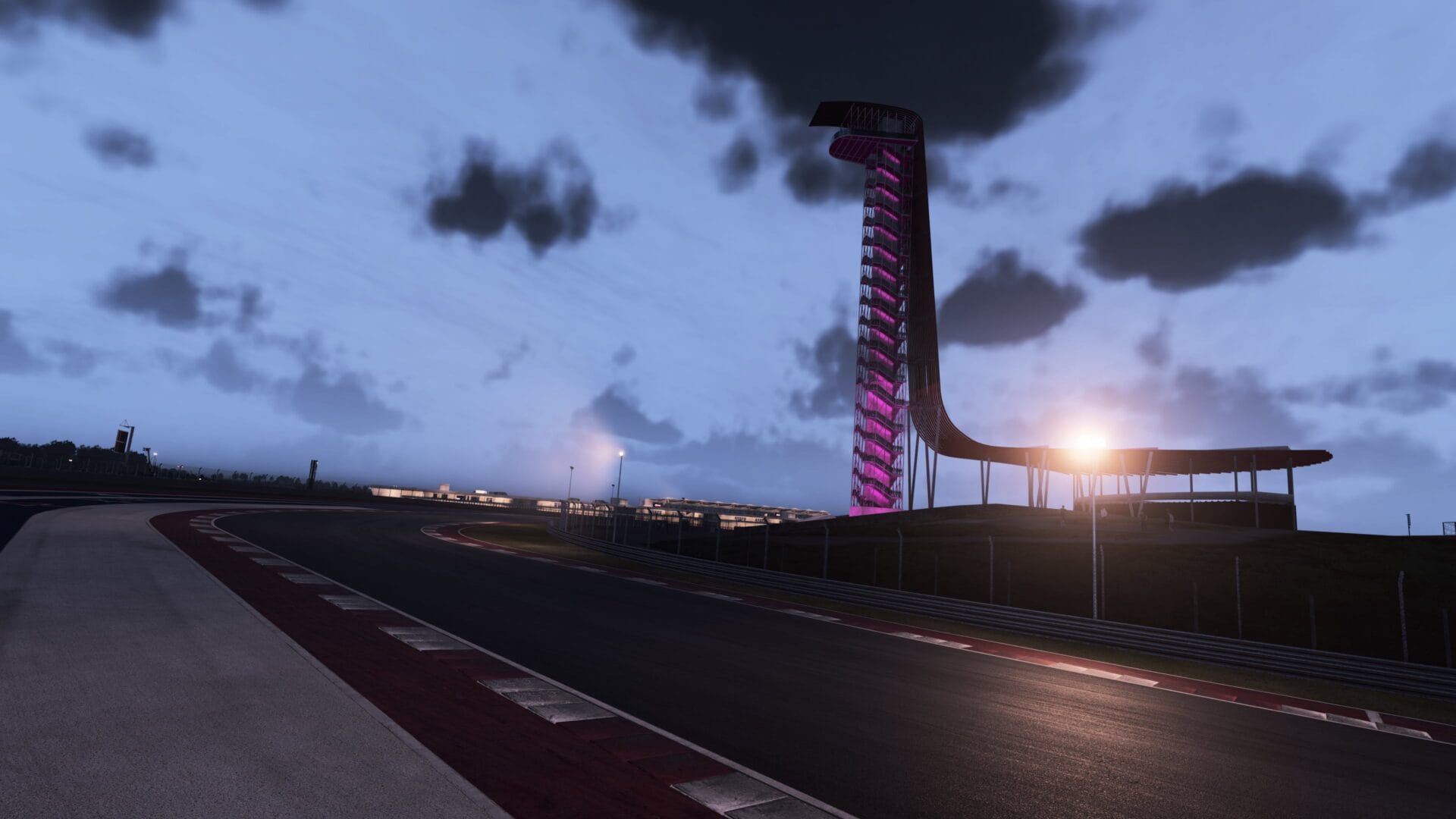 AC EVO COTA Lap Guide – Night view of the iconic COTA tower in Assetto Corsa EVO