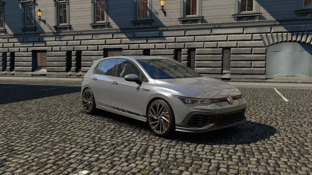 Volkswagen Golf 8 GTI Clubsport 2022 parked on a cobblestone street in a sunlit urban environment on Assetto Corsa EVO