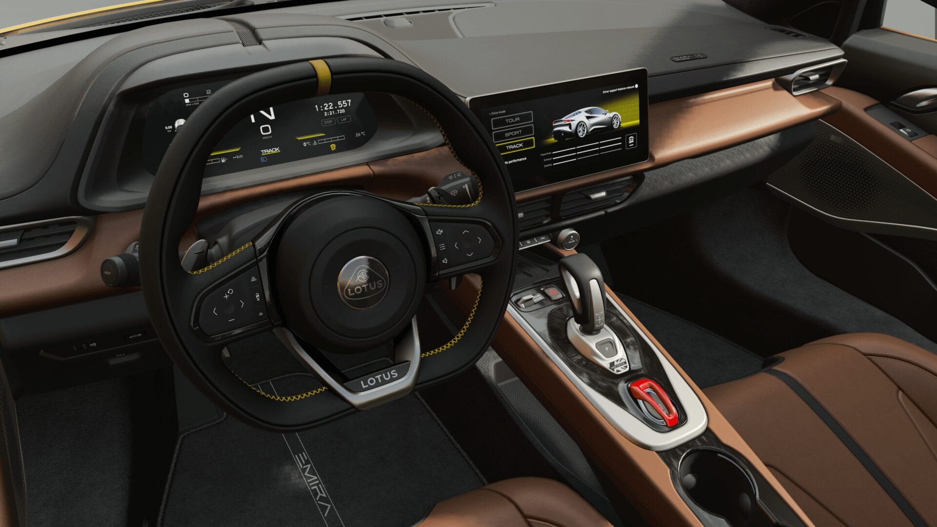 Interior view of the Lotus Emira in Assetto Corsa EVO, showcasing the detailed dashboard with the in-game entertainment system turned on