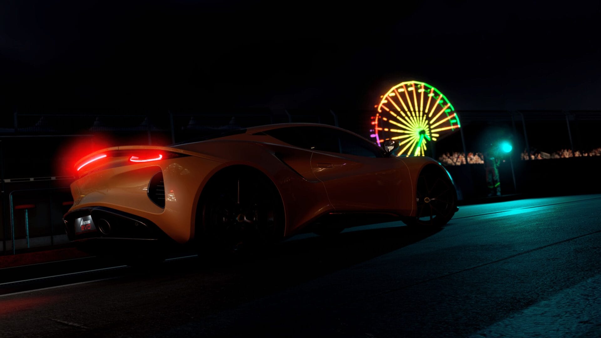 A yellow sports car racing at night, featured in the Assetto Corsa EVO official trailer