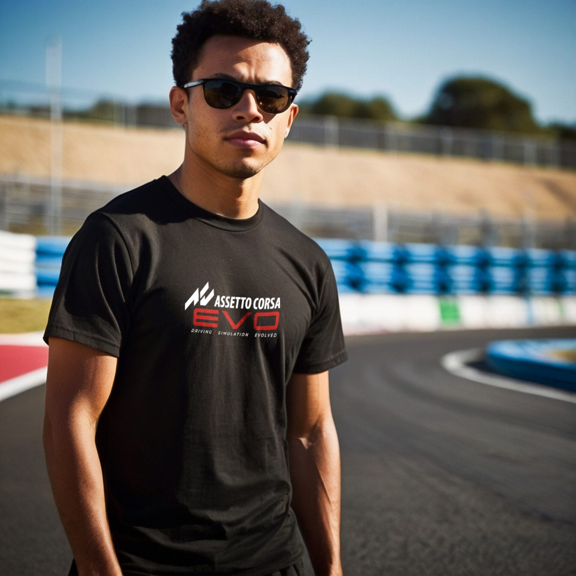 Black Assetto Corsa EVO T-shirt made of 100% organic cotton, featuring a stylish printed design on the front. Available in multiple sizes.